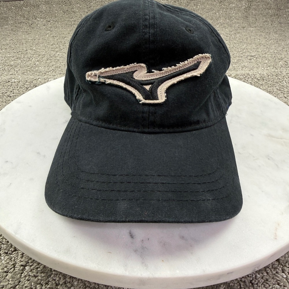 Mizuno RunBird Logo Hat Black Adjustable Strapback Distressed Faded Baseball Cap